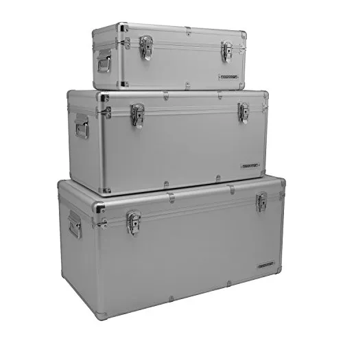 Aluminium-Rahmenkoffer Transport-Box - Werkzeugtruhen mit 155 Liter Volumen, stabiler Aufbau durch Drei-Schicht-System und robuste Metallecken für optimale Sicherheit und Langlebigkeit.