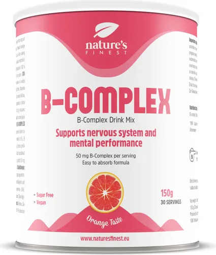 Nature's Finest Vitamin B-Komplex Pulver – Mit allen 8 B-Vitaminen – für Energie, Nerven und Immunsystem – Orange Geschmack – 150 g