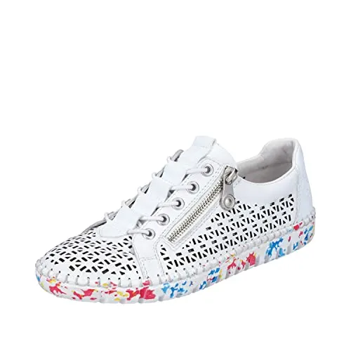 Rieker Sneaker M2357 in Weiß/Bunt für Damen, Größe 42 - Sneaker aus Glattleder mit klassischem Design und hohem Komfort. Der Reißverschluss sorgt für einfaches An- und Ausziehen, während die griffige Sohle Halt auf jedem Weg bietet.