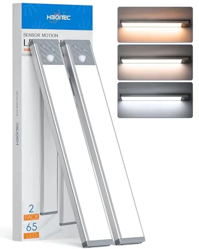 HIBOITEC 3 Farbmodi Schrankbeleuchtung LED mit Bewegungsmelder, 2500 mAh Schranklicht Dimmbar Led Lichtleiste Batterie,65LED Unterbauleuchte Küche für Kleiderschrank, 33,5 cm