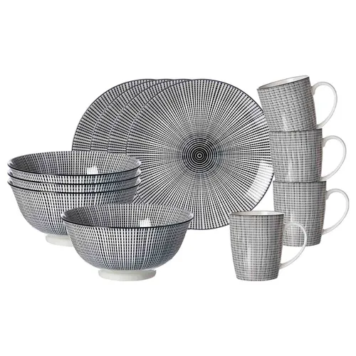 Ritzenhoff & Breker Takeo Stripes Kombiservice 16-teilig - Stylisches 16-teiliges Kombiservice aus Porzellan, spülmaschinengeeignet und ideal für Puristen. Erleben Sie asiatische Designs in modernem Schwarz für einen skandinavisch-schlichten Esstisch.