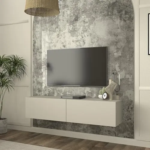 [en.casa] TV Lowboard hängend Nolven Fernsehschrank schwebend mit 2 Türen Wohnzimmer Hängeschrank TV-Regal 135 x 32 x 30 cm Graubeige