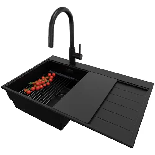 PRIMAGRAN Granitspüle Alles Schwarz 78x50cm, Spülbecken 1 Becken + Küchenarmatur 40x20cm + Zuberhor-Set, Küchenspüle ab 45er Unterschrank - Sydney S219
