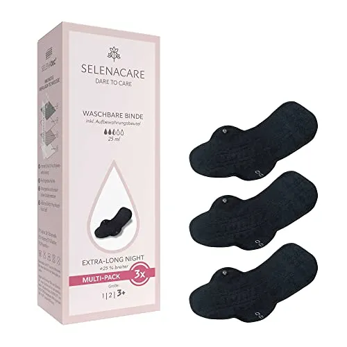 Selenacare Waschbare Binde (3er Multipack, Größe 3 Plus) mit Aufbewahrungsbeutel - antibakteriell & geruchshemmend, wiederverwendbare Binde für Damen, 100% vegan
