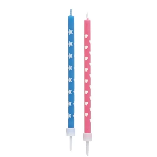 Geburtstagskerzen 10 cm farbig sortiert mit Halter - Kerzenständer mit 12 pinken Herzen und 12 blauen Sternen, ideal für festliche Anlässe. Lange Brenndauer von ca. 25 Minuten für stimmungsvolle Beleuchtung.