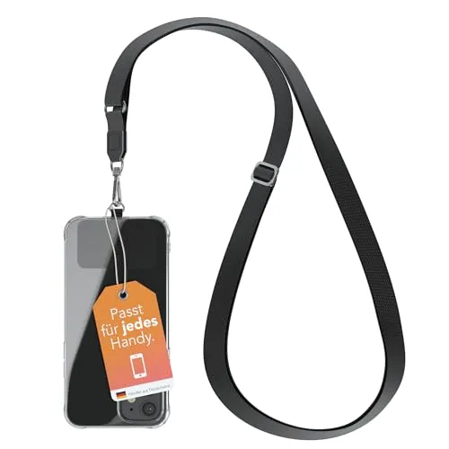 EAZY CASE - Universal Handykette zum Umhängen geeignet für alle Smartphones Handyhüllen Kette zum Umhängen Schwarz mit breitem Band Handyband mit jeder Hülle kombinierbar Smartphonekette in Schwarz