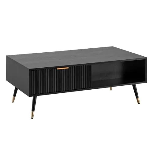 FineBuy Couchtisch 110x60 cm Schwarz mit Eiche-Dekor - Beistelltisch fürs Wohnzimmer mit eleganter Lamellenopik und reichlich Stauraum durch zwei Schubladen und offene Ablagefächer – ideal für ein modernes Ambiente.