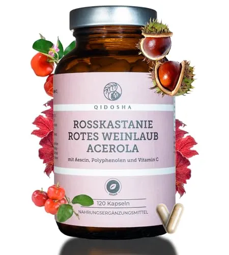 QIDOSHA® Rosskastanie Rotes Weinlaub Acerola Komplex Kapseln, 120 Kapseln im Apothekerglas, deutsche Fertigung, jede Charge laborgeprüft
