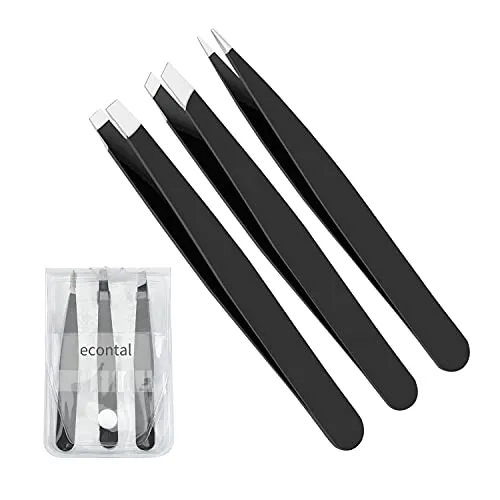 Econtal Pinzette Augenbrauen zupfen Set, gerade schräge spitze Pinzetten, Haare Zupfpinzette Splitterpinzette Spitzpinzette Wimpernpinzette, mit Etui