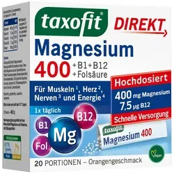 taxofit Magnesium 400 Direktgranulat - Nahrungsergänzungsmittel mit 400 mg Magnesium und wichtigen Vitaminen, ideal für unterwegs dank leckerem Orangengeschmack und einfacher Einnahme ohne Wasser.