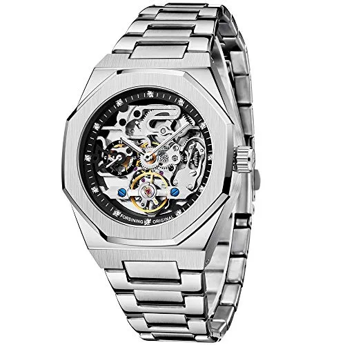 Tiong Automatik Uhr Herren Mechanische Skelett Glasboden Römische Zahlen Diamant Zifferblatt Wasserdicht Schwarz Männer Armbanduhr mit Edelstahl Uhren…