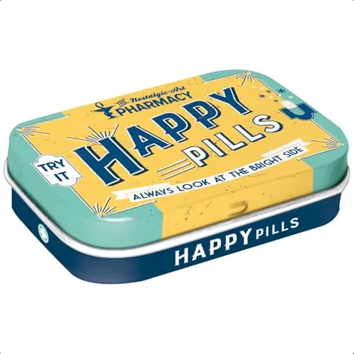 Nostalgic-Art Retro Pillendose, Happy Pills – Geschenk-Idee für Nostalgie-Fans, Blech-Dose mit Pfefferminz-Dragees, Vintage-Design, 4 x 6 x 1,6 cm