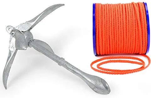 wellenshop Klapp-Anker 4 kg + Ankerleine 15 m Ø 8 mm Schwimmfähig Kunststoff Polyethylen PE Orange Faltklappanker Faltanker Stahl Verzinkt