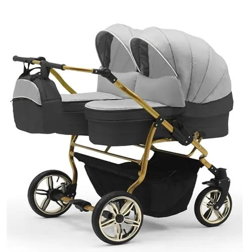 Zwillingskinderwagen 2 in 1 Duet Lux Goldedition - 10 Teile in 20 Farben - Kinderwagen-Set mit 2 Wannen und 2 Sportsitzen, variabel einstellbar, ideal für Geschwister unterschiedlichen Alters und ausgestattet mit einem umfassenden Zubehörpaket für maximalen Komfort.