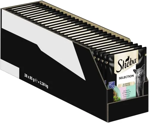SHEBA Portionsbeutel Nassfutter für Katzen Selection in Sauce mit Lachs und Seelachs MSC-Zertifiziert 28 x 85g