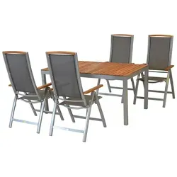 Merxx Siena Set 5tlg. - Elegante Gartenmöbelkombination - Gartenmöbel-Set mit 4 verstellbaren Klappsesseln und großem Tisch (150 x 90 cm), aus robustem Aluminium und edlem Akazienholz für perfekten Komfort im Freien.