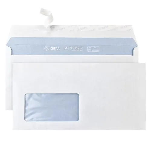 Netuno 100 weiße Briefumschläge mit Fenster links DIN Lang 110 x 220 mm Premium Geschäftsumschläge haftklebend hochwertige Fensterumschläge mit blauem Innendruck DIN-lang-Briefumschläge