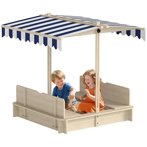 Outsunny Sandkasten Tannenholz mit Abdeckung - Sandkasten aus Tannenholz mit bequemer Sitzbank und schützender Abdeckung, ideal für stundenlangen Spielspaß im Freien.