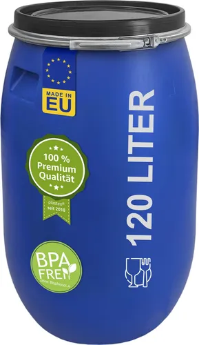 plasteo® 120 Liter Weithalsfass mit Deckel und Spannring - Regentonne mit 120 Litern, lebensmittelecht und vielseitig einsetzbar – ideal für Garten, Lager und Bauanwendungen.