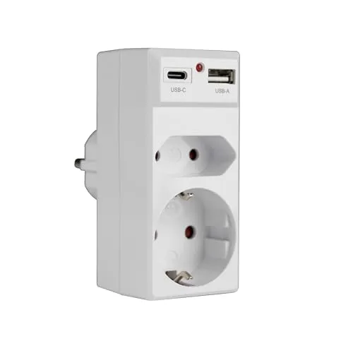 Ladesteckdose Multistecker Adapterstecker Schutzkontakt mit USB A+C Verteiler Mehrfachstecker 2-Fach 1 Schuko and 1 Euro Steckdosen senkrecht Weiss (85318)