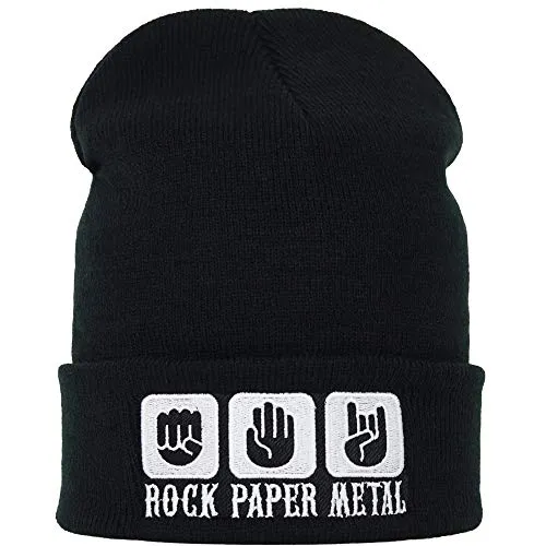 Haube mit Spruch Rock ... Paper ... Metal - Strickmütze - Warme Wintermütze mit Spruch - Lustige Strickmütze - Beanie für Damen und Herren - Unisex Wollmütze Heavy Metal