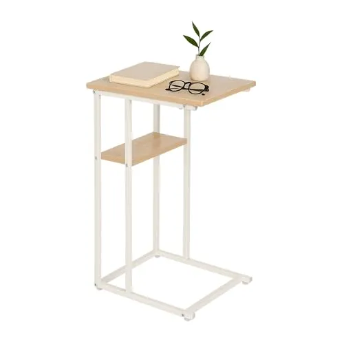 relaxdays Beistelltisch mit 2 Ablagen, Weiß-Braun
