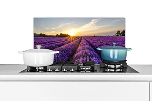 MuchoWow Spritzschutz Küche Küchenrückwand Alu Poster Bilder 60x30 cm Lavendel - Blumen - Sonnenuntergang - Lila