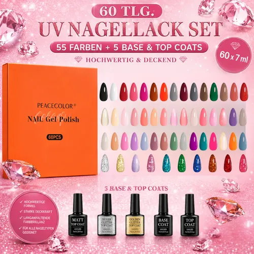 UV Nagellack Set 60 Stück - Nail Polish Set mit UV Base Coat & Top Coat - Hochwertiges Gel Nagellack Set für Naturnägel und Kunstnägel. Einfach zu verarbeiten und ideal für den privaten oder professionellen Einsatz. Glänzende Farben mit mittlerer Viskosität und schneller Aushärtungszeit.