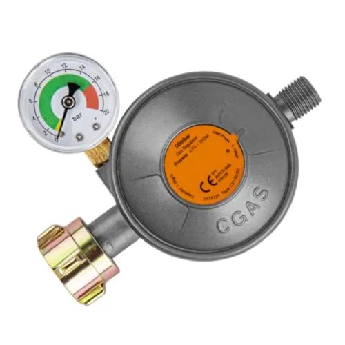 TAMS Gasdruckminderer 50 mbar mit Manometer und EFV-Sicherheitsventil, Gasregler 1,5 kg/h für Gasflaschen, Grill, Gasherd und Heizgerät, Anschluss W21,8 x 1/14