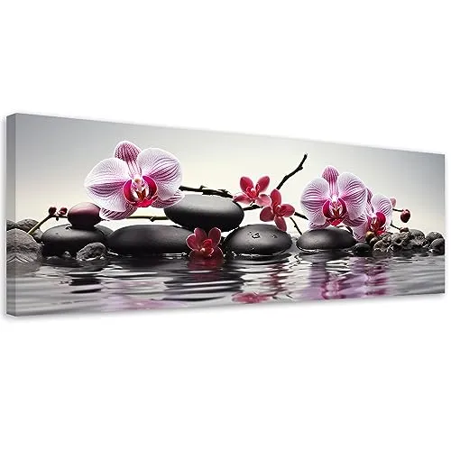 Feeby Bilder Orchidee Zen Spa 90x30 cm 1 tlg Modern Leinwandbilder Bild auf Leinwand Kunstdruck Wand Bild Wanddeko Design Schlafzimmer Büro Flur Hotel Spa Wohnzimmer Wasser Kerzen Steine Violett