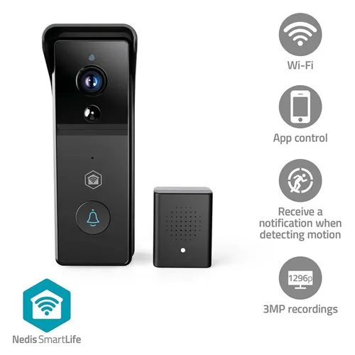 Nedis SmartLife Video Doorphone Wi-Fi 3MP Full HD - Rauchmelder mit integrierter 2-Wege Kommunikation und Nachtsicht. Genießen Sie eine kabellose Lösung mit bis zu 3 Monaten Akkulaufzeit und flexibler Speicherung für mehr Sicherheit zu Hause.