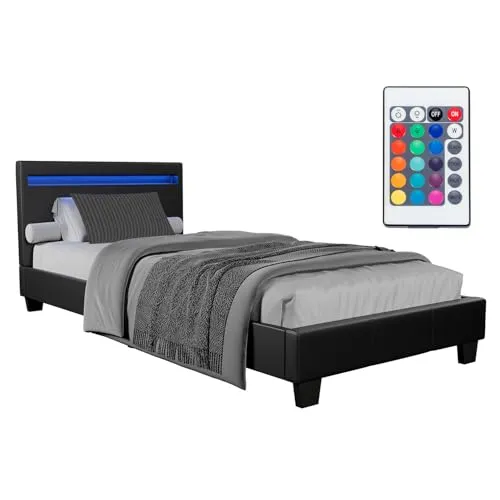 Juskys Polsterbett Verona, 90x200 cm – Modernes Bett mit LED-Kopfteil - Betten mit robustem Holzgestell und Kunstlederbezug, inklusive Holz-Lattenrost und einem hohen Kopfteil mit 16-farbigem LED-Licht für stimmungsvolle Akzente.