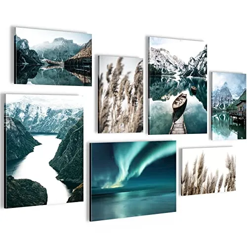 Novart Wandbilder Natur Berge See - KOMPLETT AUFHÄNGFERTIG - Aurora Grün Wohnzimmer Schlafzimmer - 7 Moderne Mood-Bilder - N006271a