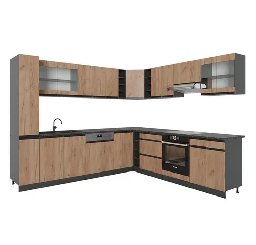 Vicco Winkelküche R-Line J-Shape, Goldkraft Eiche/Anthrazit - Küchenzeilen mit funktionellem Design und 17 Modulen für individuelle Gestaltung, ideal für Ordnung und Übersichtlichkeit in Ihrer Küche.