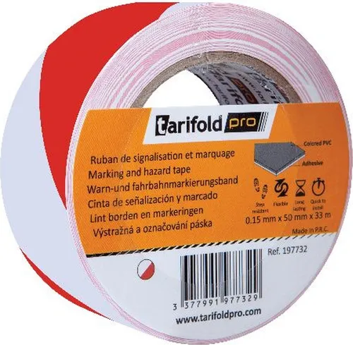 Tarifold Kettenschloss Bodenmarkierungsband 50mmx33m rot/weiß (24 Stück) - Hochwertiges Fußbodenklebeband aus strapazierfähigem Vinyl, ideal für Innenräume. Es ist blickdicht und hält mechanischer Beanspruchung stand. Einfach zu verarbeiten mit einem Handabrollgerät.