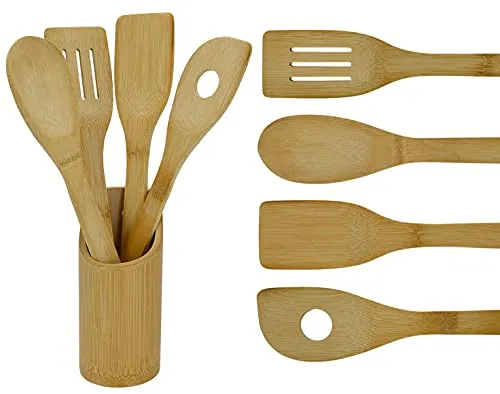Möbelbörse 5-teiliges Küchenhelfer-Set aus Bambus - Küchenutensilienhalter Kochlöffel Holz Löffel Salatbesteck Pfannenwender Küchen Besteck Kochbesteck