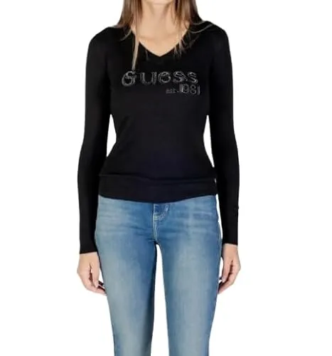 Guess Saylor T-Shirt für Damen - W5BR41Z2NQ2 - Lässiges schwarzes Langarm-T-Shirt aus Baumwolle von Guess, mit elegantem V-Ausschnitt und funkelndem Strassdetail auf der Brust.