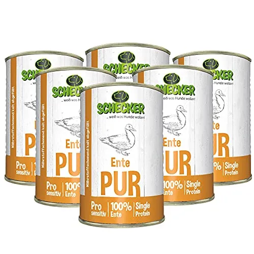 Schecker - 100% Ente PUR - Nassfutter für Hunde - 6 x 410 g- getreidefrei - Dosenfutter - Hundefutter
