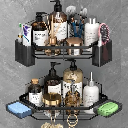 ADOV Eck-Dusch-Caddy, selbstklebender Badezimmer-Caddy mit Seifenhalter, Rostfreie Edelstahl-Duschregale, Badezimmerregale ohne Bohren, Badewannenaufbewahrungsregal mit Haken für Zuhause Organisation