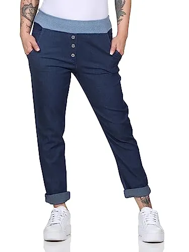 Damen Jeans Jogger Jogginghose Boy Friend im Vintage Look Sweatpants für Freizeit Sport und Fitnessans Hose Jogging 23149 (as3, numeric, numeric_34, numeric_38, regular, regular, Dunkelblau)