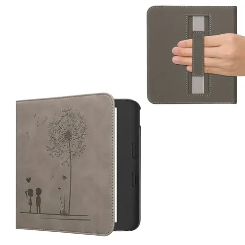 kwmobile Klapphülle kompatibel mit Kobo Kobo Libra Colour/Tolino Vision Color - Hülle aus Kunstleder für eReader - mit Handschlaufe - Pusteblume Love Grau