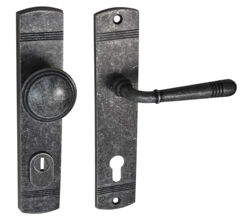 Häusler Haustür Schutzbeschlag Helena LS Antik Grau HS 92 - Türgriff-Set mit Knauf und Kernziehschutz, ideal für Haustüren mit 92 mm Schlössern und Türstärken von 35-75 mm. Hochwertige Verarbeitung in Antik Grau.