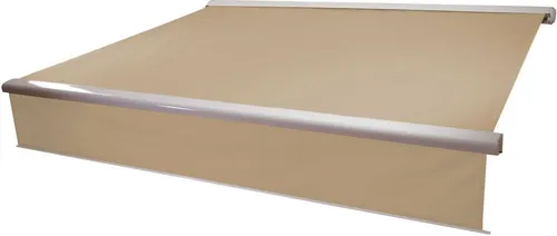 Mendler Elektrische Vollkassetten-Markise T124, 5x3m - Markise mit ausfahrbarem Volant, UV-Schutz 80, ideal für Terrassen oder Balkone, in eleganter Cremefarbe.