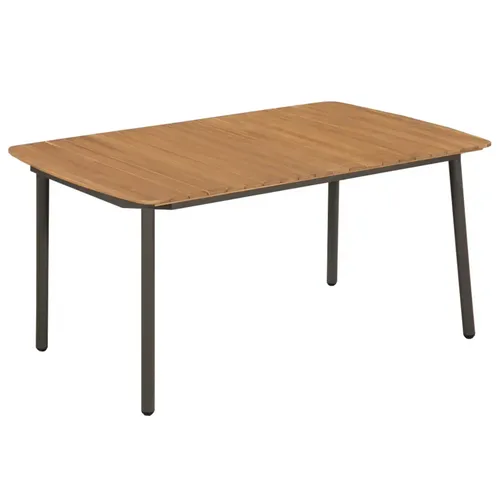 furnicato Gartentisch 150x90 cm aus Echtholz mit Stahlgestell - Hochwertiger Gartentisch für stilvolle Outdoor-Dining-Erlebnisse. Robust, mit natürlicher Holzmaserung und pulverbeschichtetem Stahlgestell für Langlebigkeit. Ideal für Terrasse, Garten oder Hof.