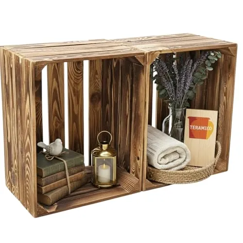 Teramico geflammte Apfelkisten Set - 2 Holzkisten 50x40x30cm - Aufbewahrungsbehälter ohne Deckel, individuell gestaltbar mit optionalen Zwischenböden, einzigartiges Flammenmuster, FSC-zertifiziertes Holz, wetterfest und vielseitig einsetzbar.