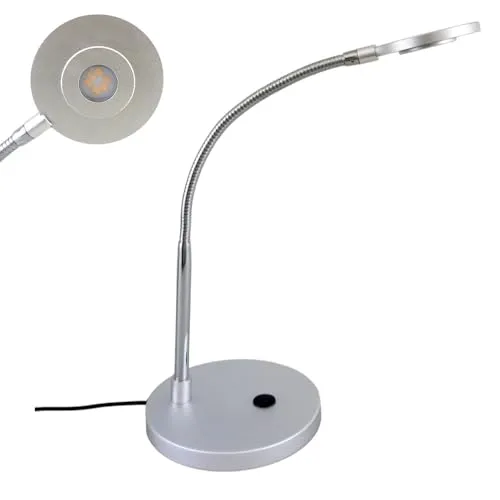 LED-Tisch-Schreibtisch-Leuchte-Lampe TILL, Kunststoff silber H: 46 cm, Kopf D: 9 cm, Fuß D: 15 cm, inkl. LED 3W festeingebaut, Büro-Nachttisch-Arbeits-Kommode-Leuchte-Lampe