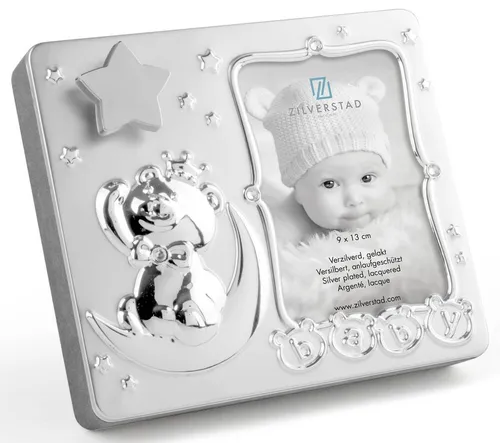 Zilverstad 8077231 Fotorahmen Baby mit Spieluhr - Bilderrahmen für Baby- & Kleinkinderzimmer, versilbert mit Bärchen-Design und Musikfunktion, spielt