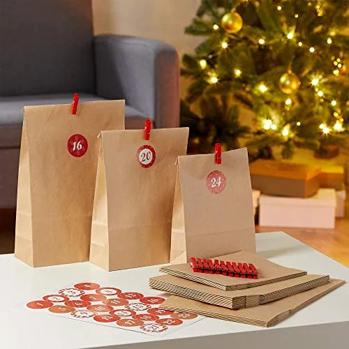 Adventskalender Tüten Set 72tlg mit Klammern + Zahlen Aufkleber + 24 Tüten in DREI Größen