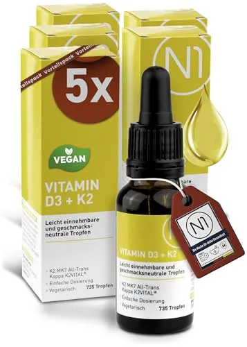 N1 Vitamin D3 K2 Tropfen 5x20 ml - Premium Qualität - Hochdosierte Tropfen mit 1000 IE Vitamin D3 und 7,5 µg K2, ideal für die tägliche Einnahme. Die Tropfen sind geschmacksneutral, vegan und in hochwertigem MCT-Öl gelöst.