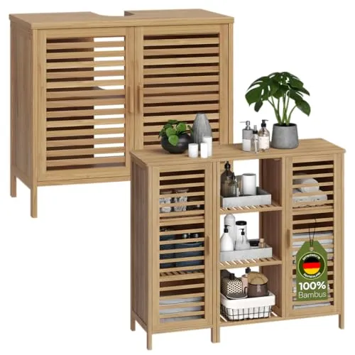 Bellamio Newa Badmöbel-Set aus Bambus – Waschbeckenunterschrank mit 9 Ablagefächern - Unterschränke fürs Bad mit viel Stauraum für Handtücher und Pflegeprodukte – ideal für Ordnung im Badezimmer.